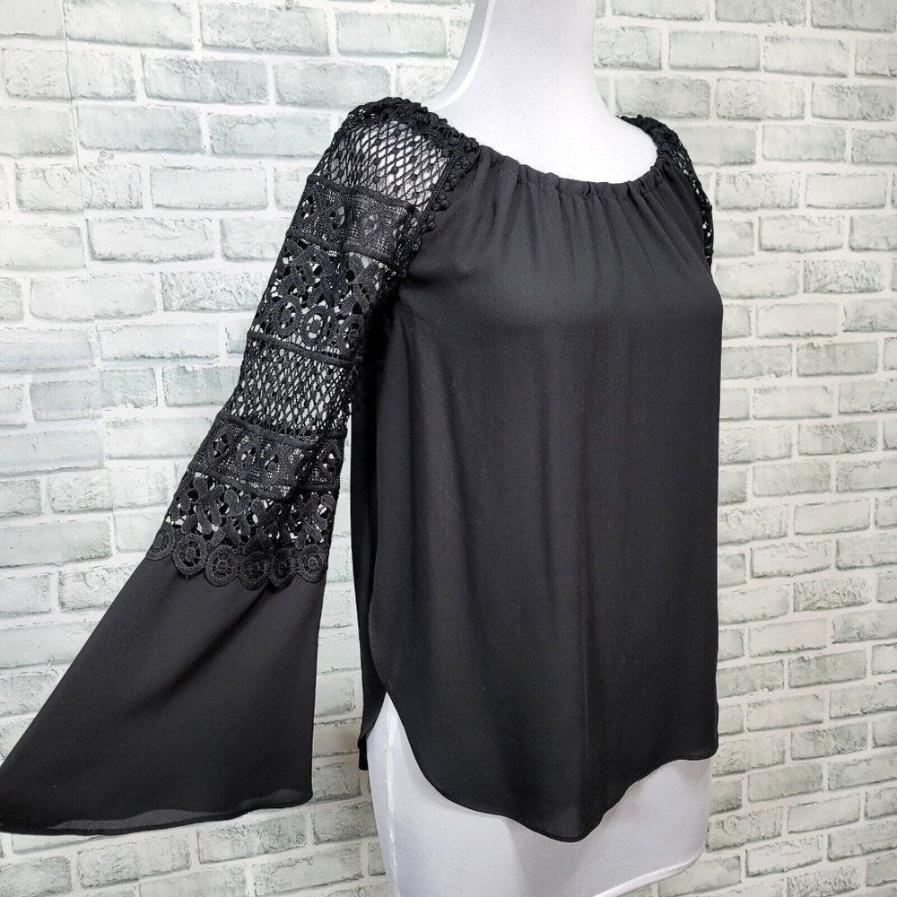 Joseph Ribkoff Womens 6 Black Crochet Bell Sleeve Georgette Flowy‎ Tunic Blouse